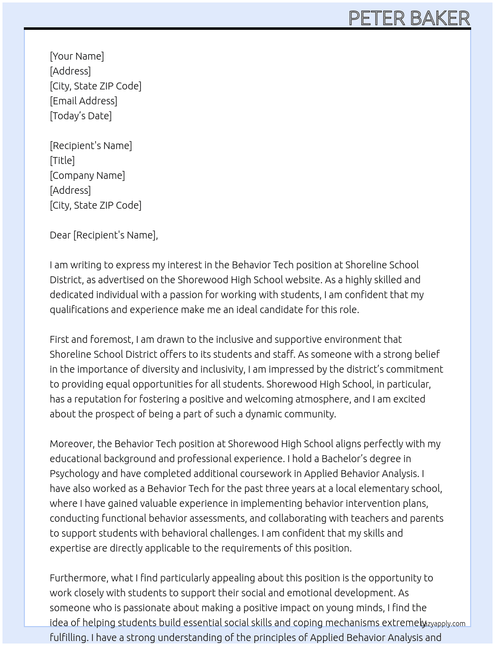Behavior Tech At Shoreline School District Cover Letter