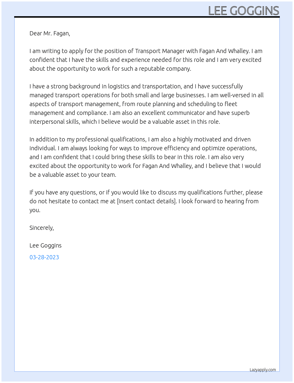 Transport Manager At Fagan And Whalley  Cover Letter