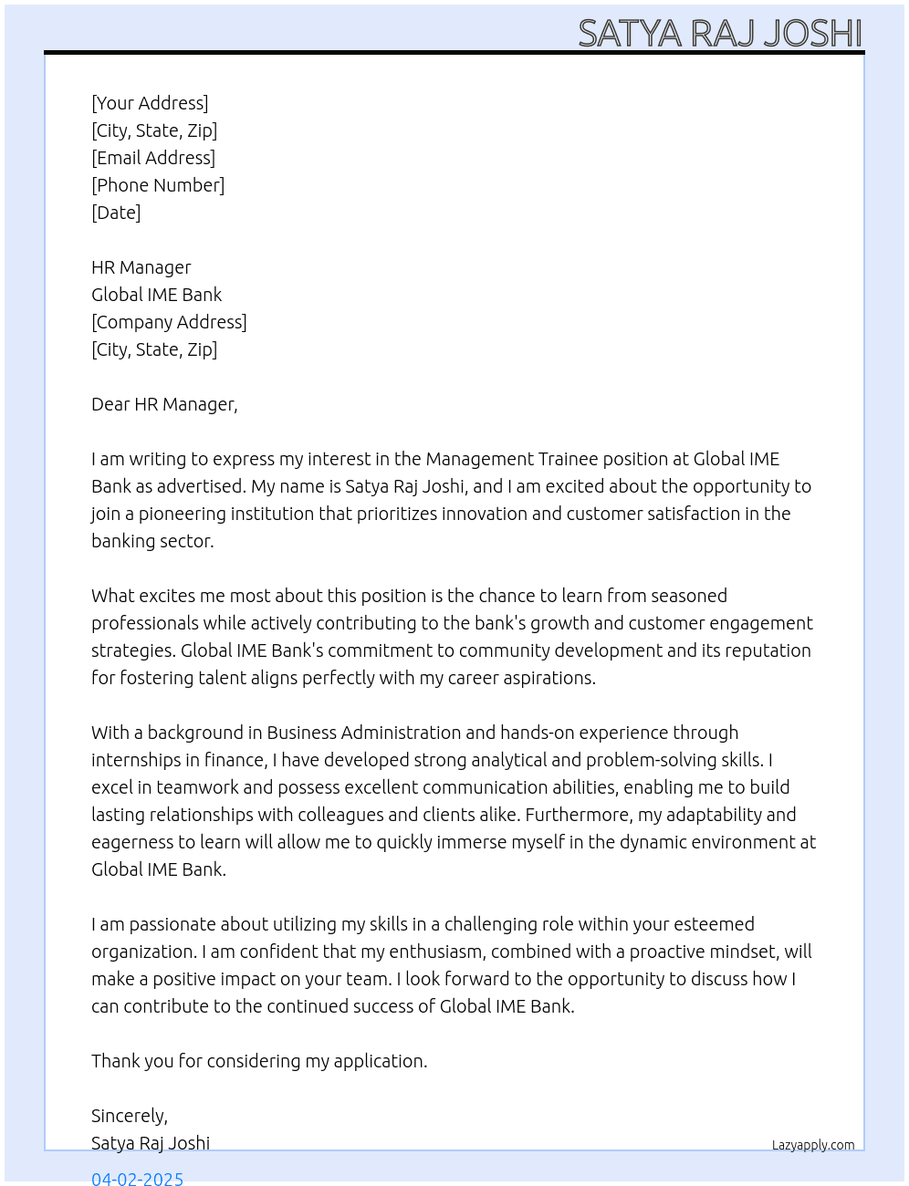 Management Trainee At global ime bank Cover Letter