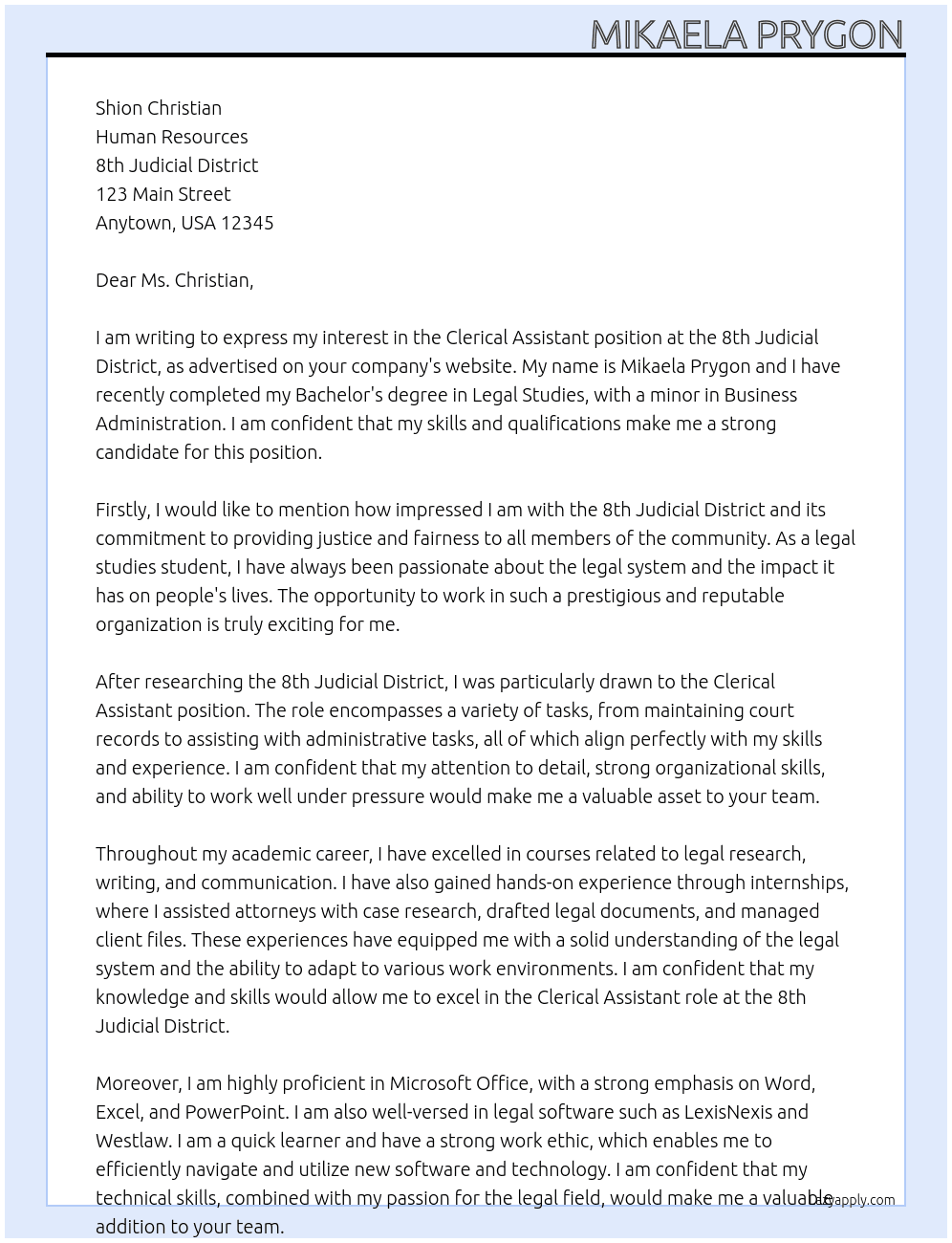 Clerical assistant  At 8th Judicial District  Cover Letter