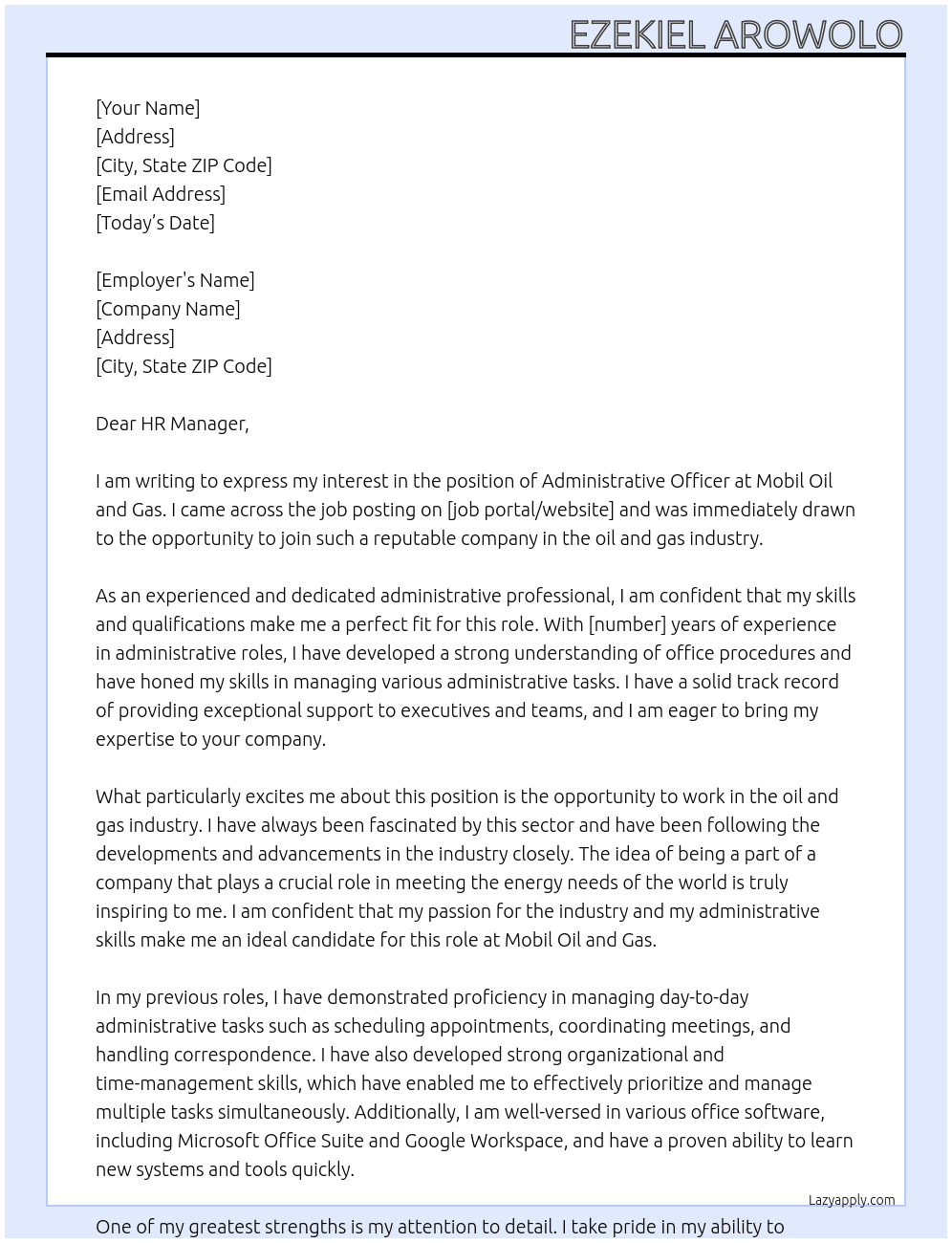 Administrative officer At Mobil Oil and Gas Cover Letter