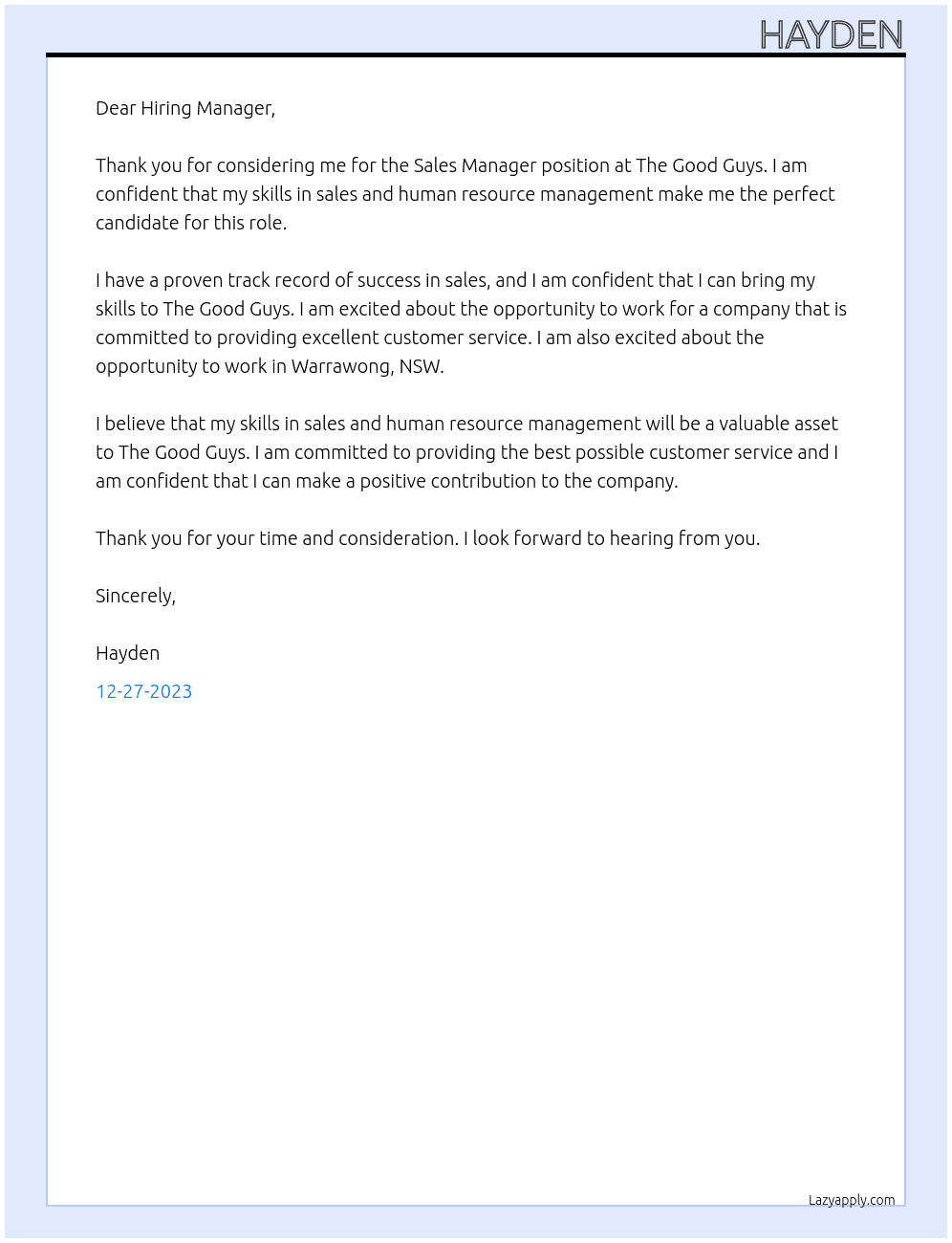 Sales Manager At The Good Guys Cover Letter