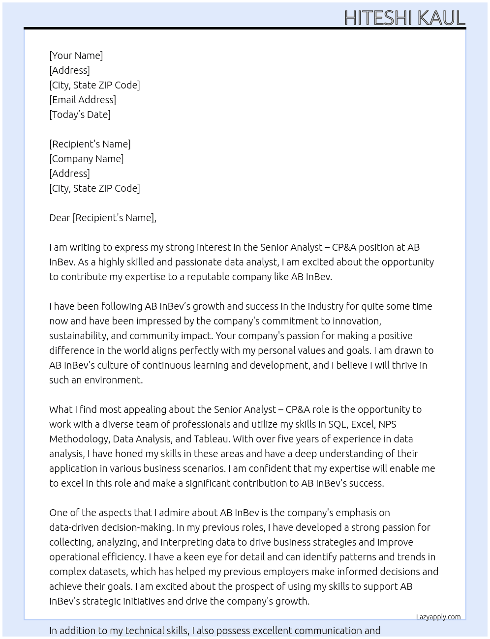 Senior Analyst - CP&A At AB InBev Cover Letter