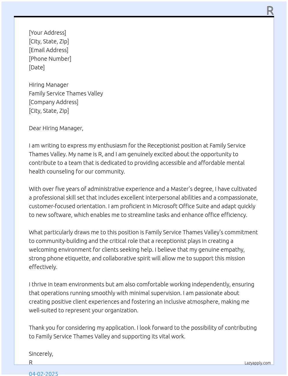 Receptionist At Family Service Thames Valley Cover Letter