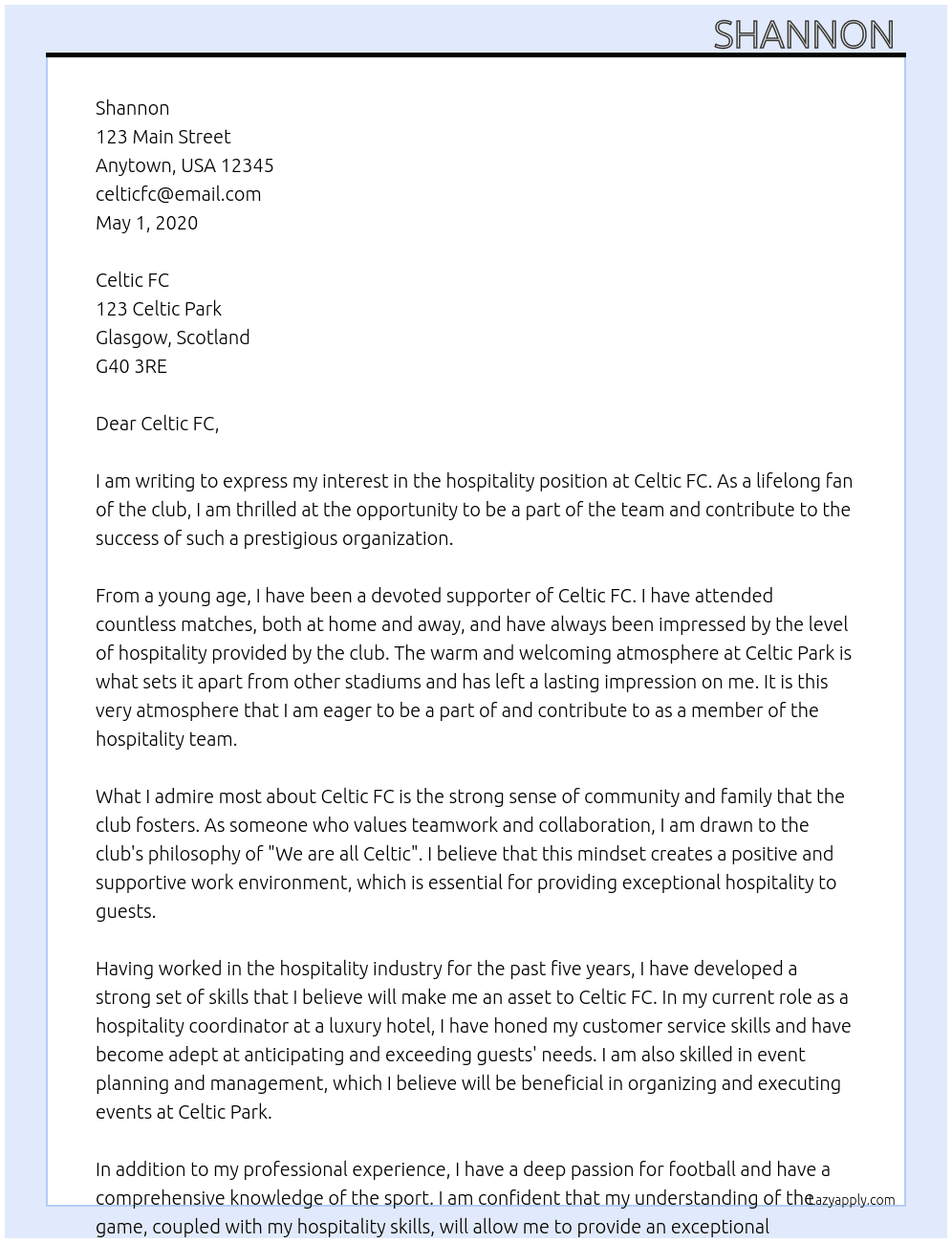 hospitality At celtic  Cover Letter