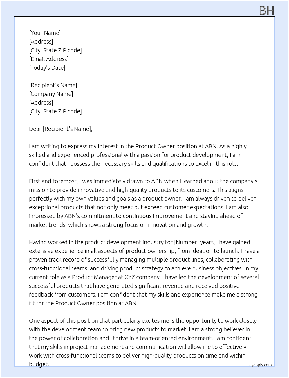 product owner At ABN Cover Letter