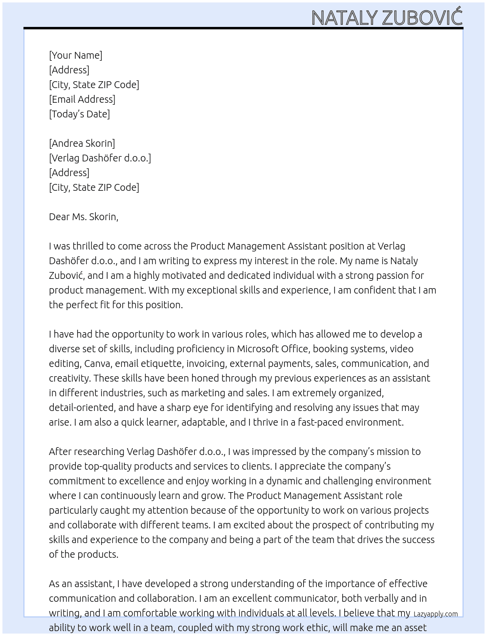 Product Management Assistant At Verlag Dashöfer d.o.o. Cover Letter