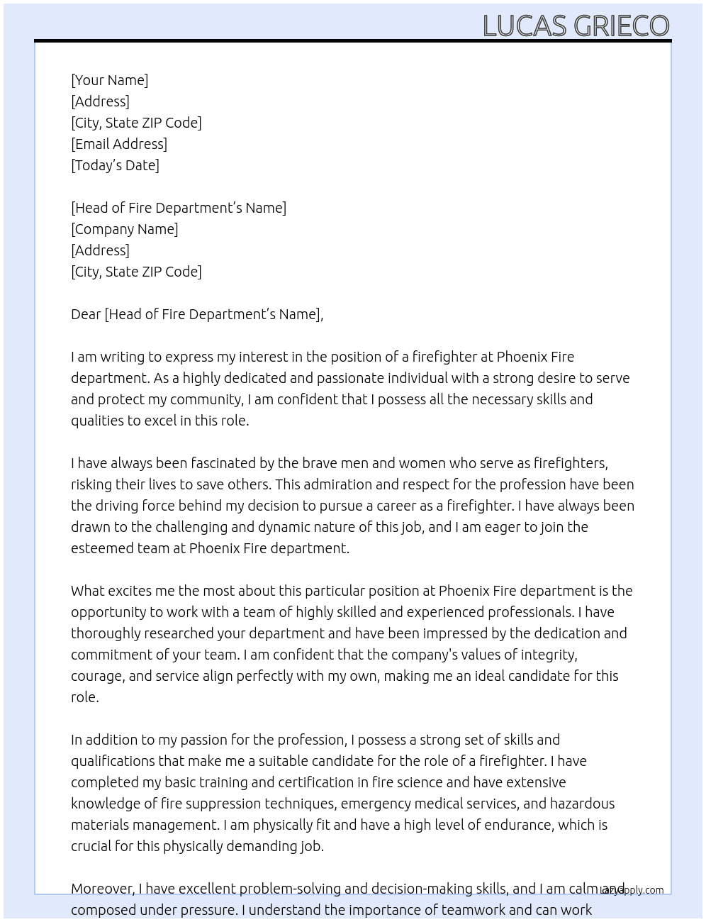 firefighter  At Phoenix Fire department  Cover Letter