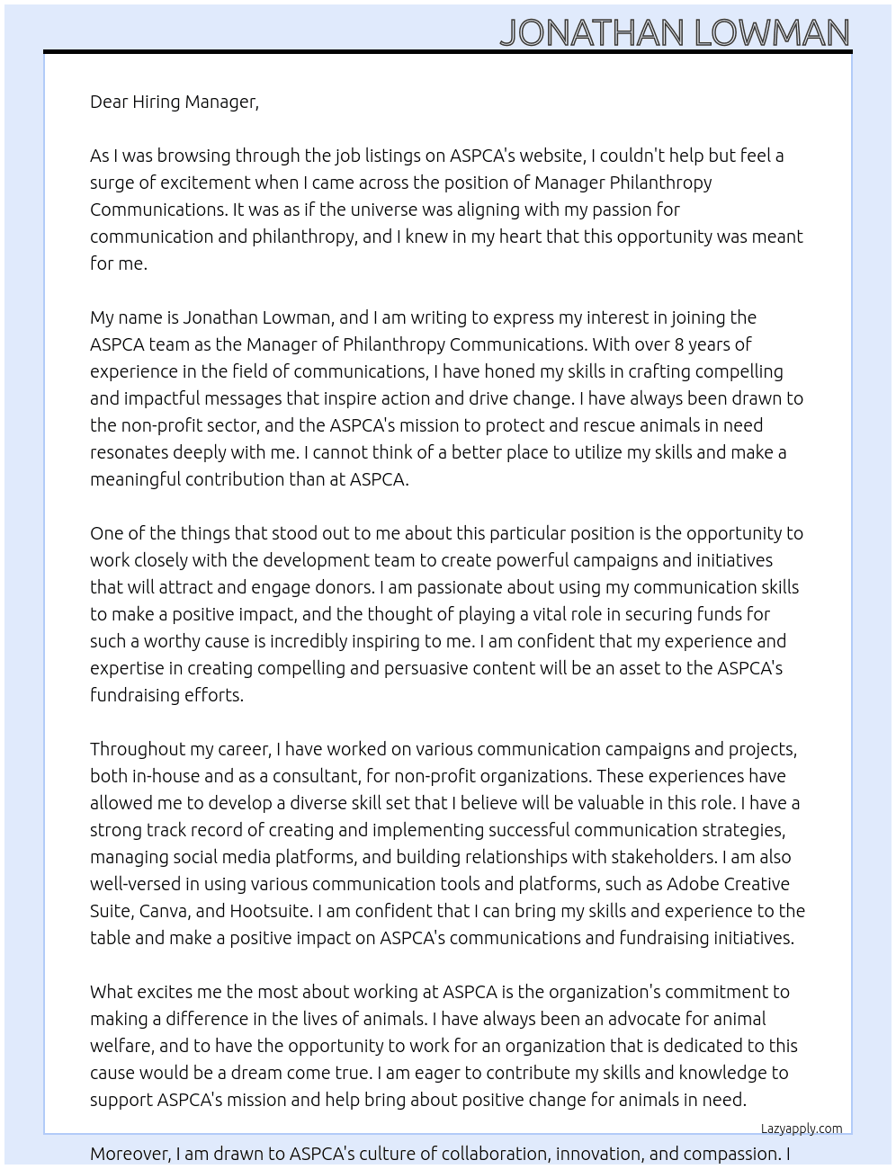 Manager Philanthropy Communications At ASPCA Cover Letter