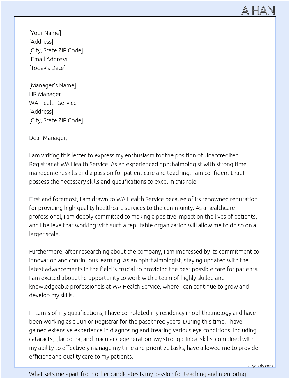 Unaccredited Registrar At WA Health Service Cover Letter