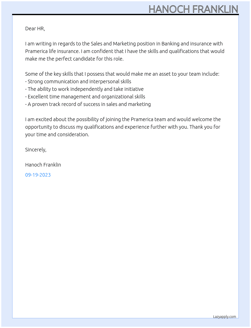 Sales And Marketing Banking and insurance , Home Loans At Pramerica life insurance Cover Letter