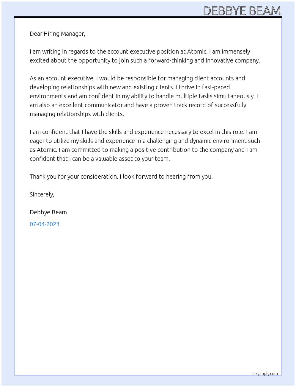 Account Executive At Atomic Cover Letter