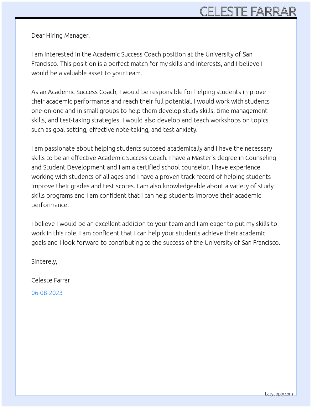 Academic Success Coach At University of San Francisco Cover Letter