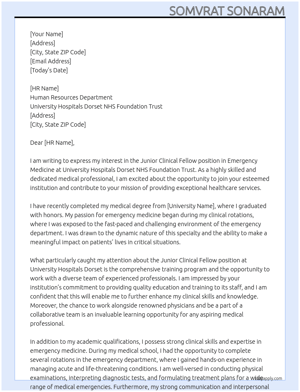 Junior clinical fellow in emergency medicine At University Hospitals Dorset NHS Foundation Trust Cover Letter