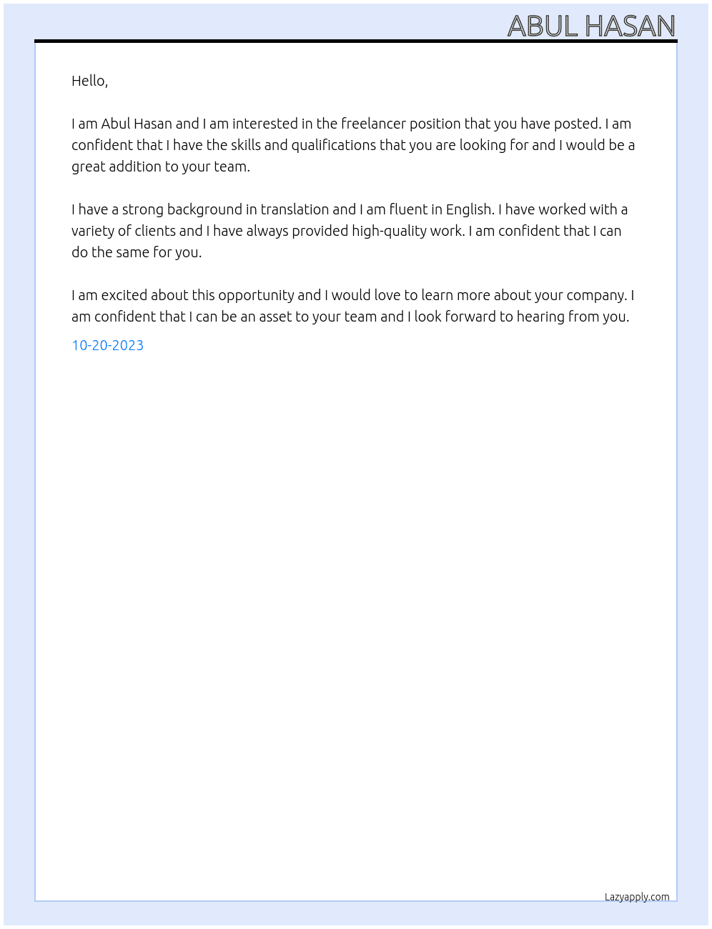 I need freelancer who translate my page to English At azim Cover Letter