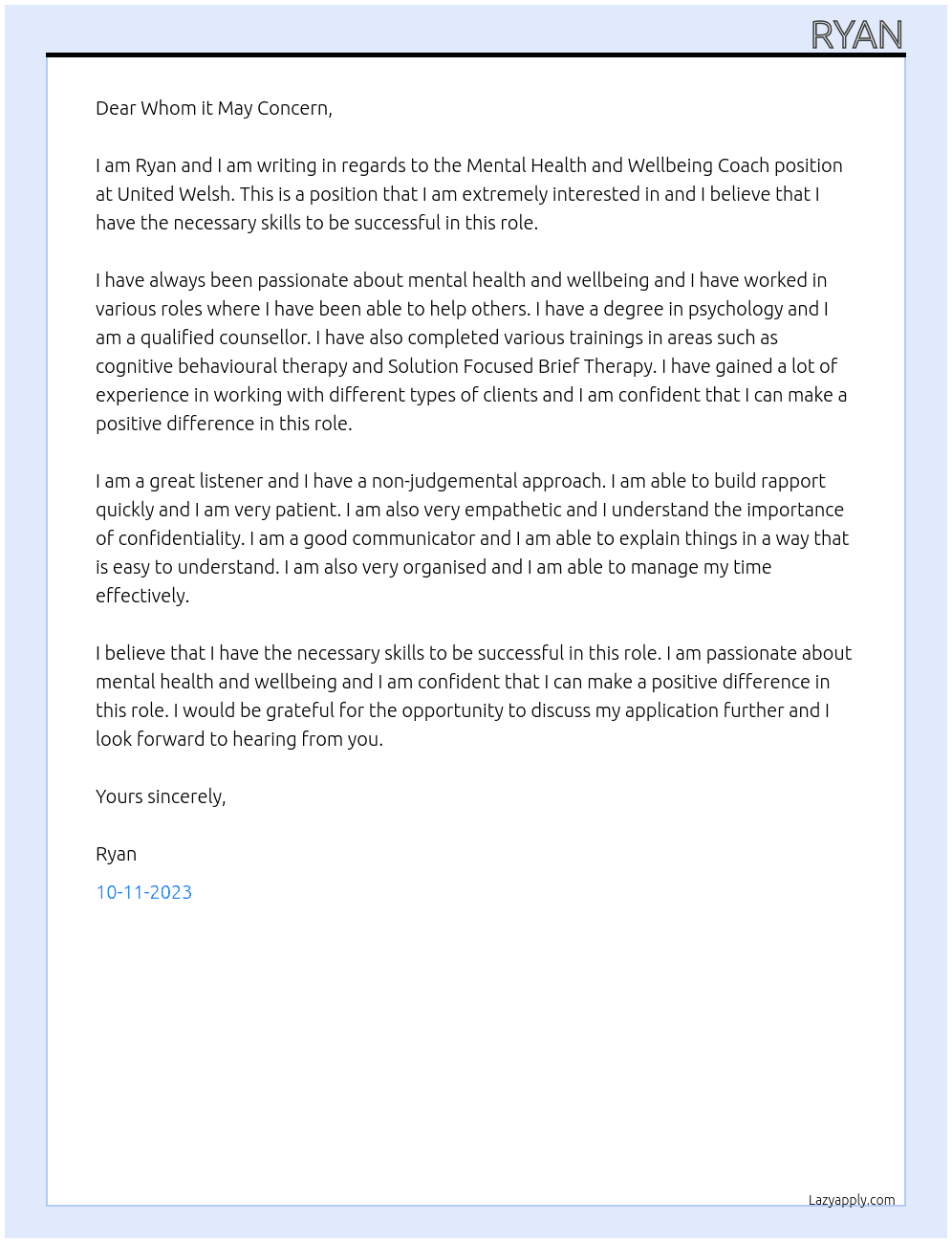 Mental Health and Wellbeing Coach At United Welsh Cover Letter