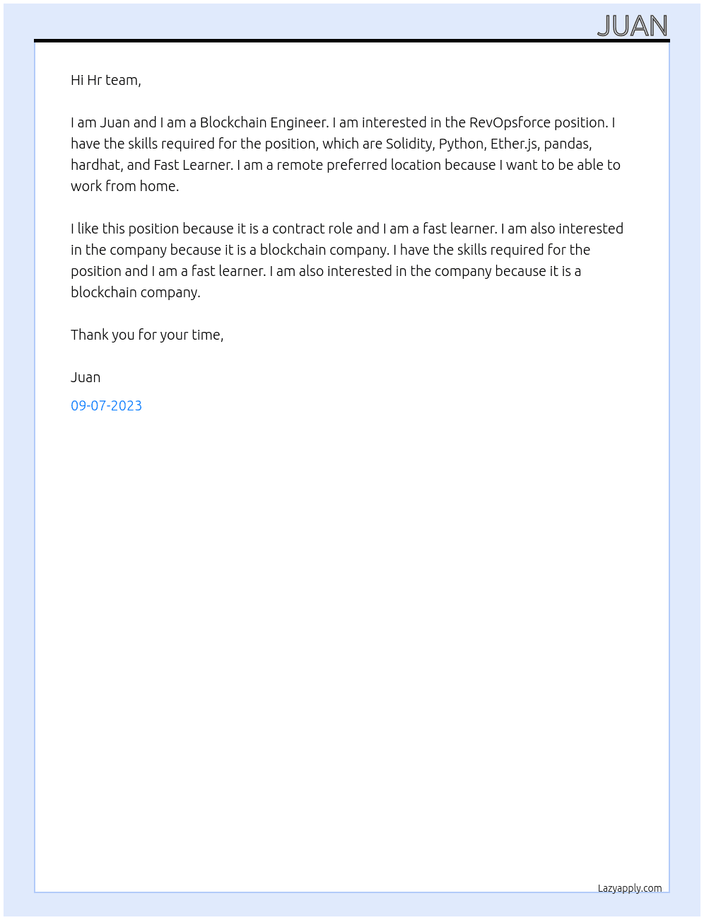 Blockchain Engineer At RevOpsforce  Cover Letter