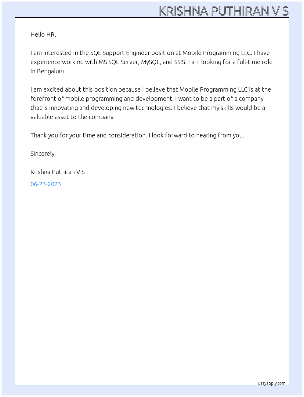 SQL Support Engineer At Mobile Programming LLC Cover Letter