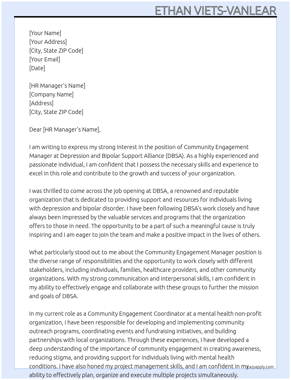 community engagement manager At Depression and Bipolar Support Alliance (DBSA) Cover Letter