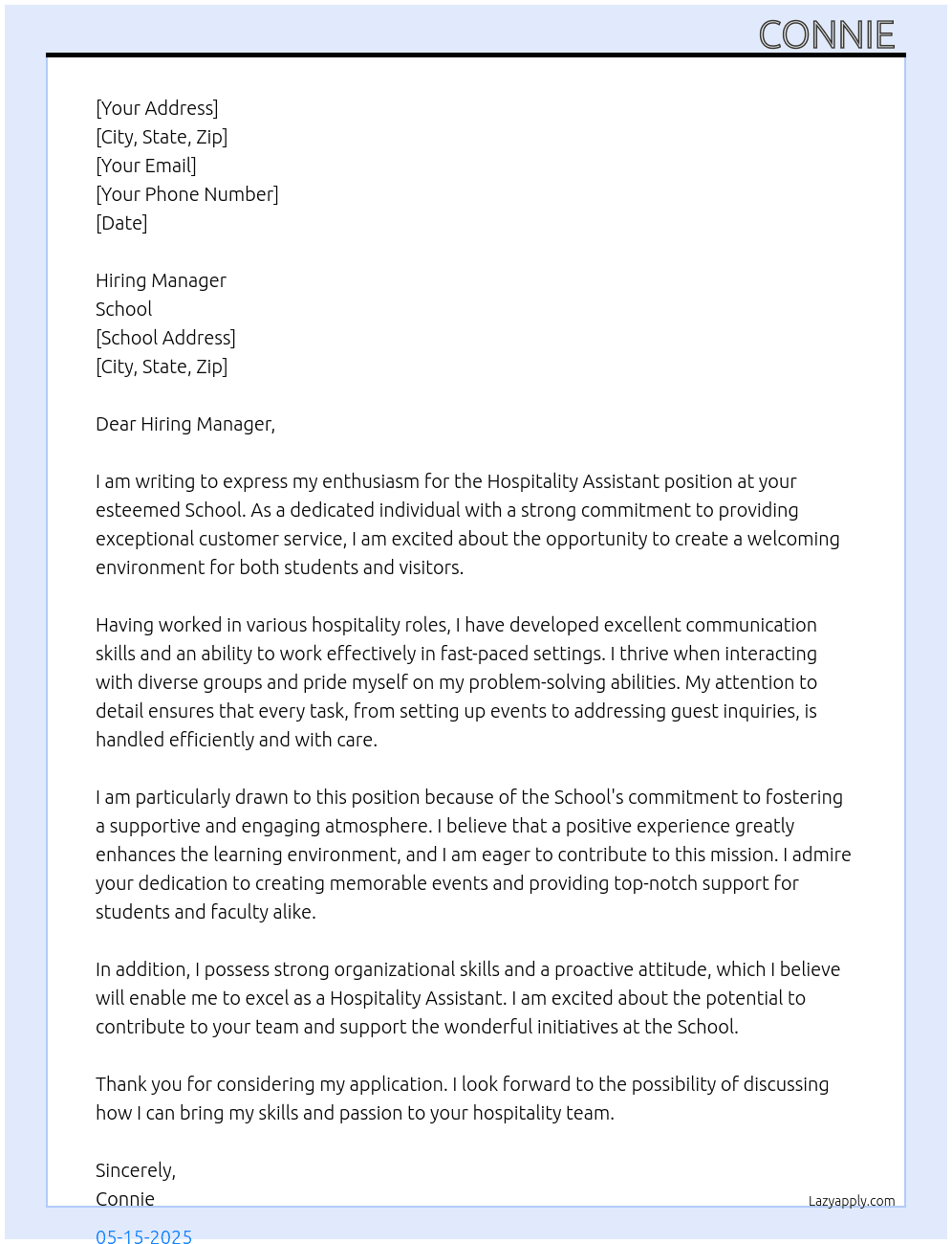 Cover letter for hospitality assistant - LazyApply