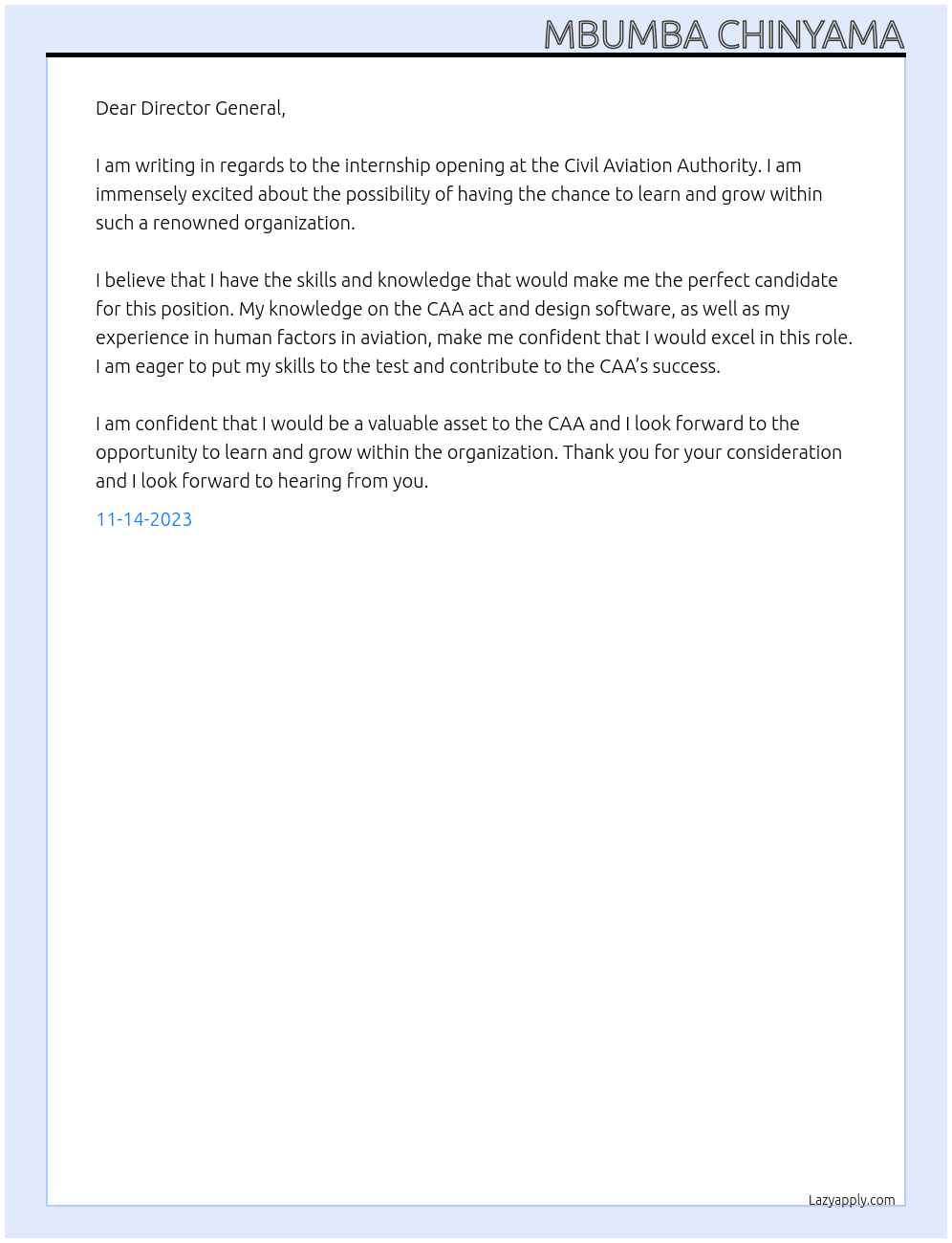Internship At CIVIL AVIATION AUTHORITY  Cover Letter