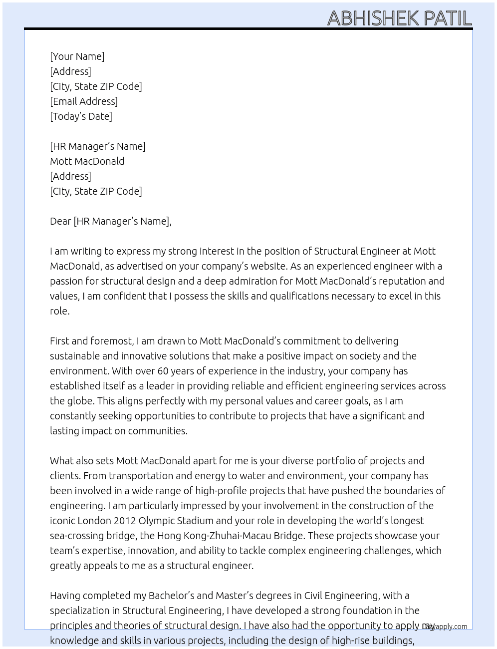 Structural engineer At Mott MacDonald Cover Letter
