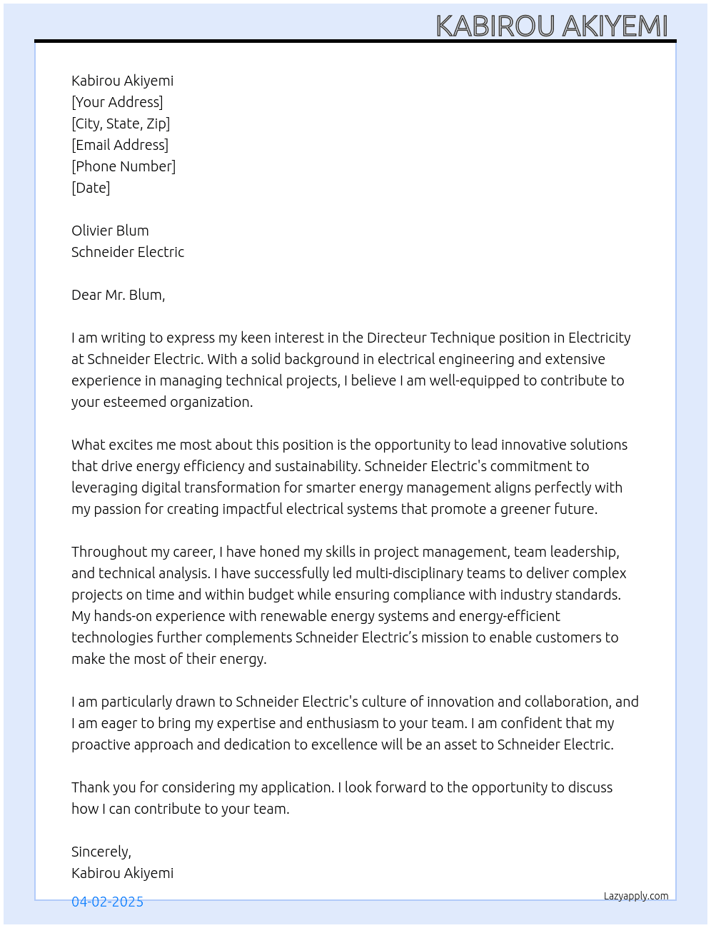 Directeur technic in electricity  At Schneider Electric Cover Letter