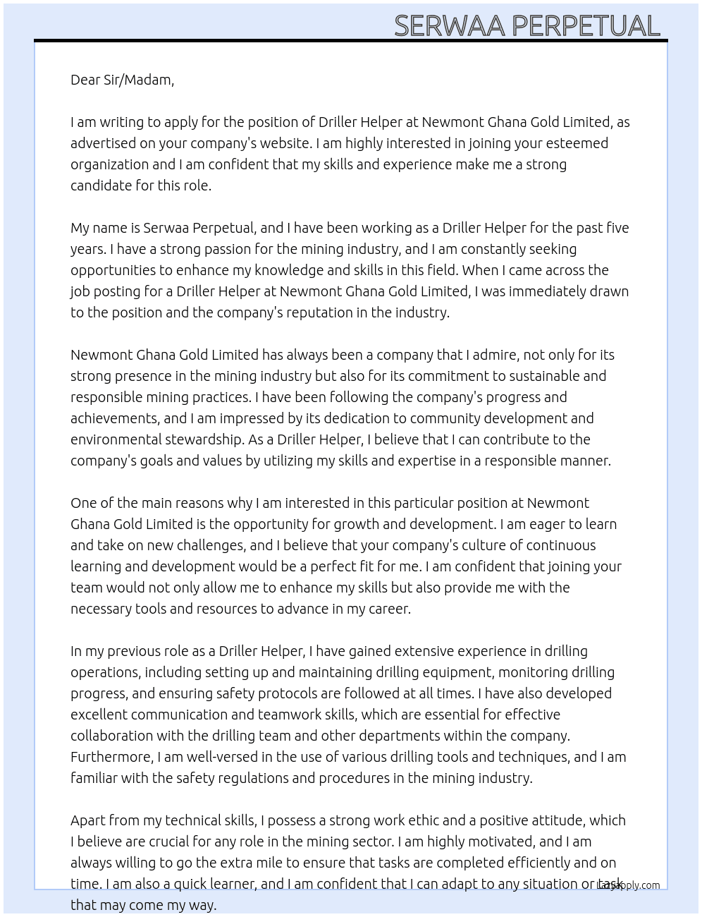 Driller Helper At Newmont Ghana Gold Limited Cover Letter