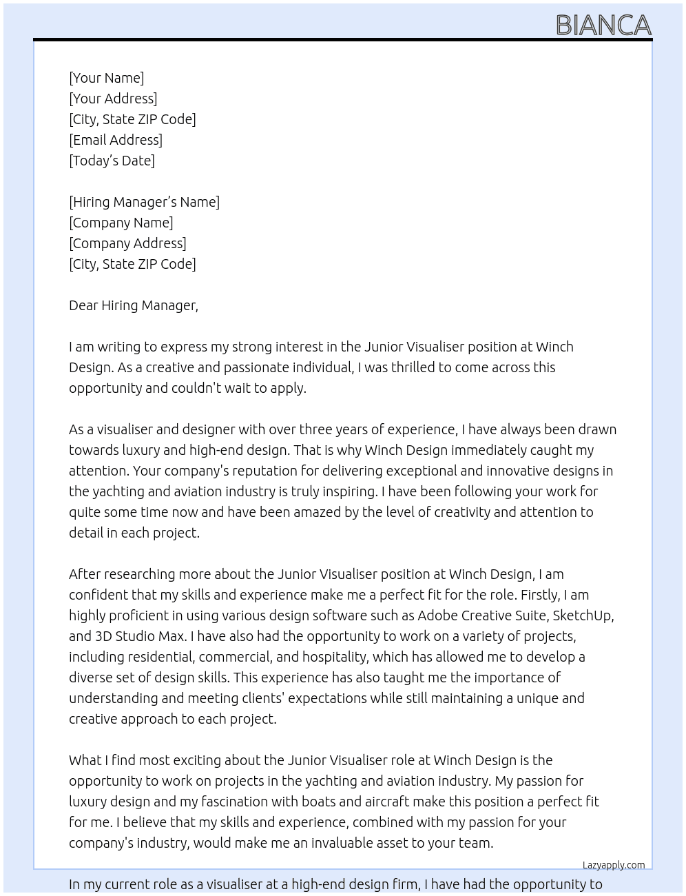 Junior visualiser At Winch Design Cover Letter