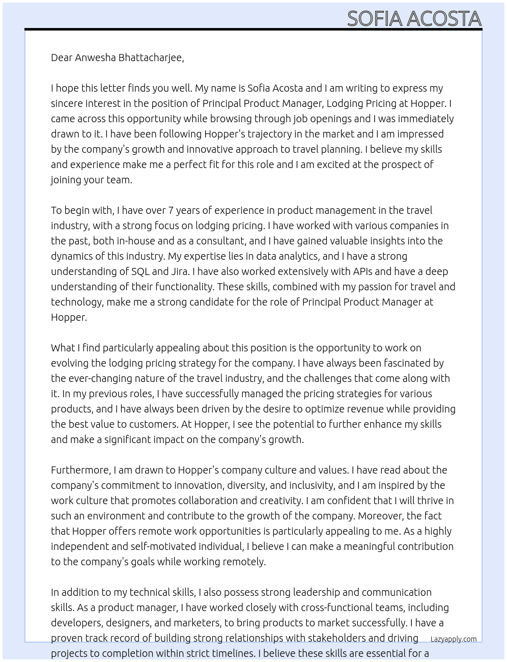 Principal Product Manager, Lodging Pricing At Hopper Cover Letter