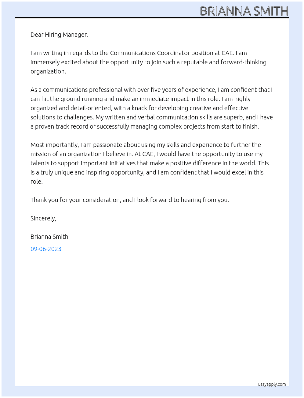 Communications Coordinator At CAE Cover Letter