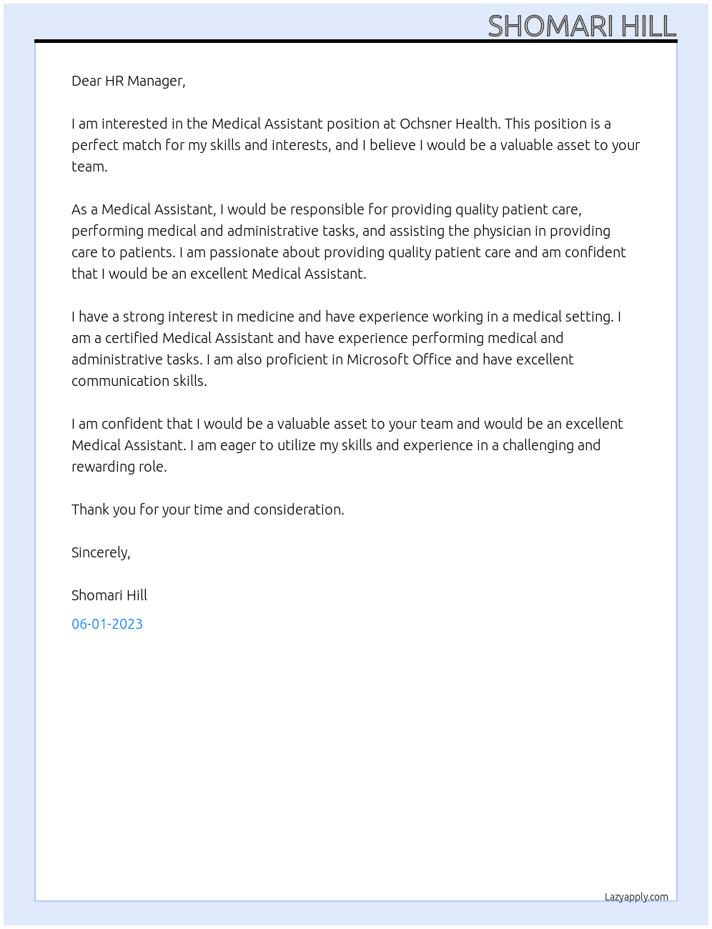 Medical Assistant At Ochsner Health Cover Letter