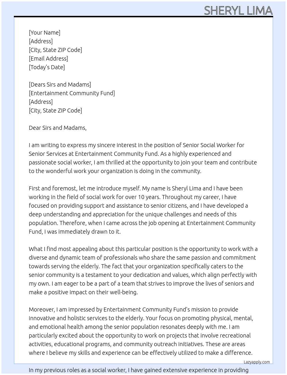 Social Worker Senior Services LA At Entertainment Community Fund Cover Letter