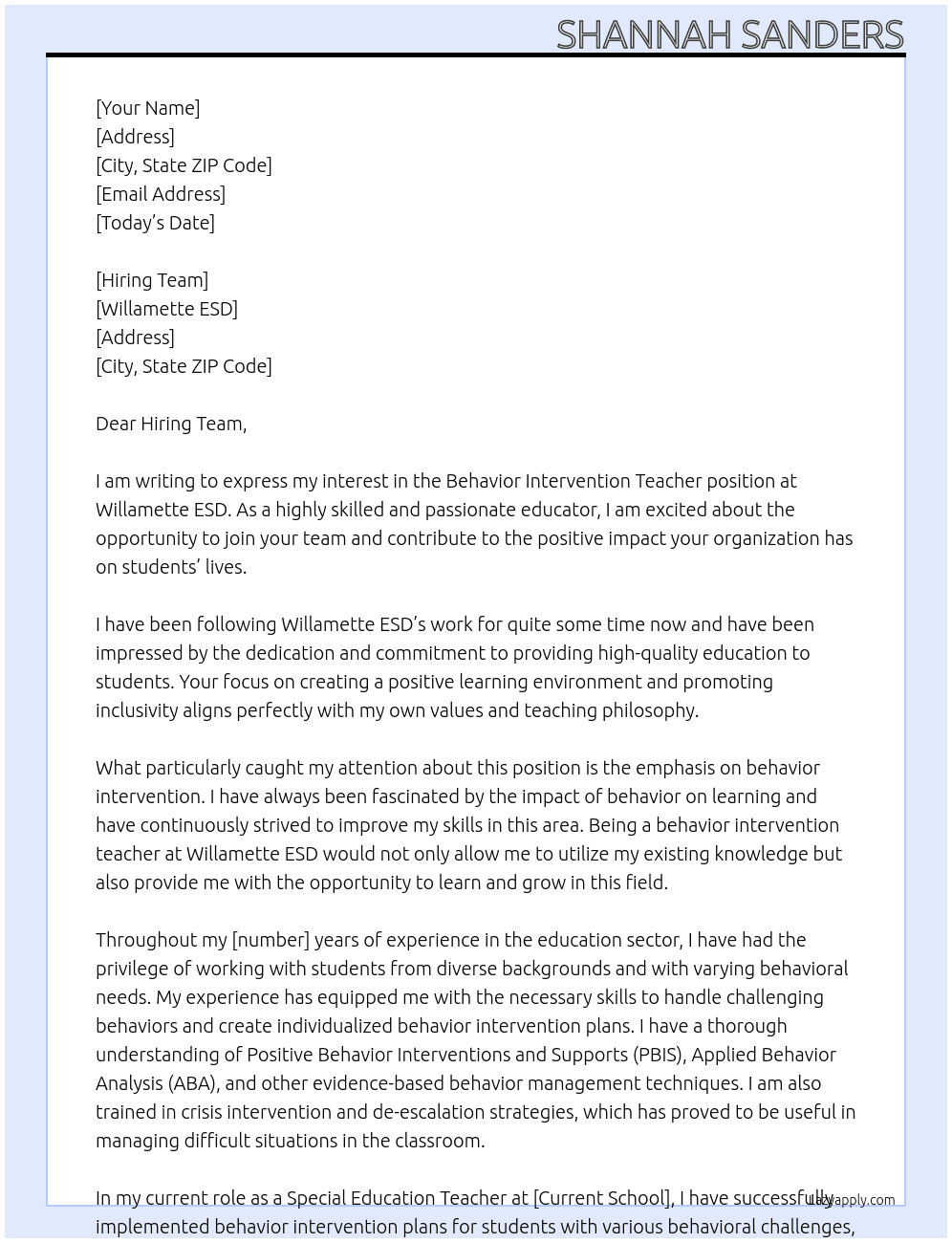 Behavior Intervention Teacher At Willamette ESD Cover Letter