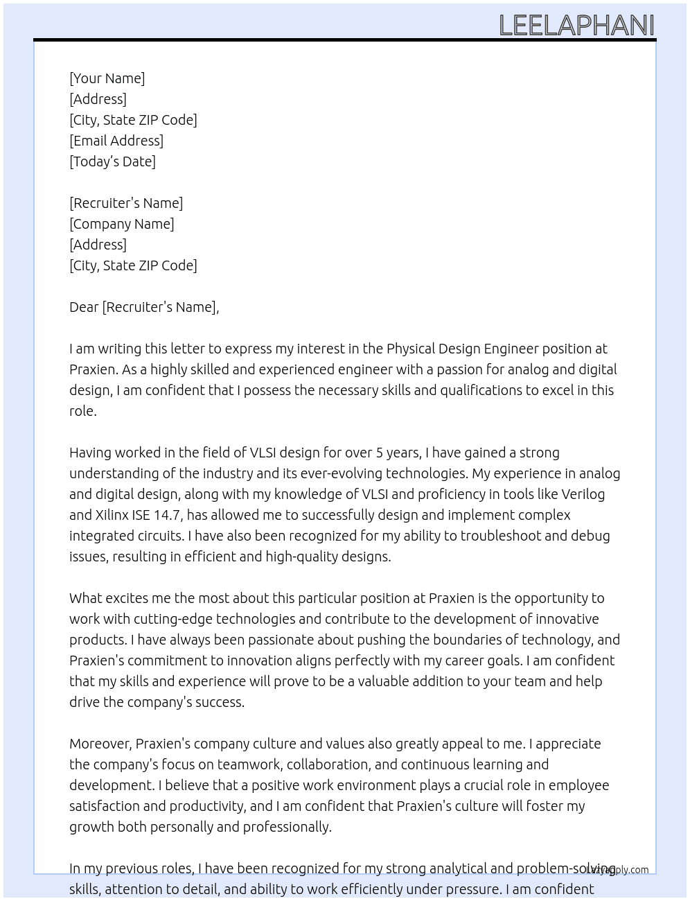 Physical design engineer At Praxien Cover Letter
