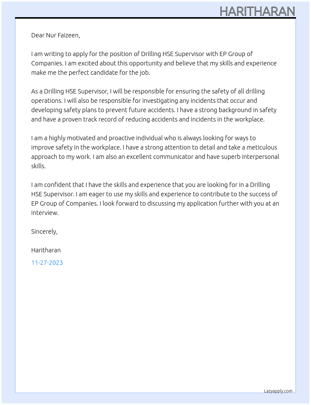 Drilling HSE Supervisor At EP Group of Companies Cover Letter