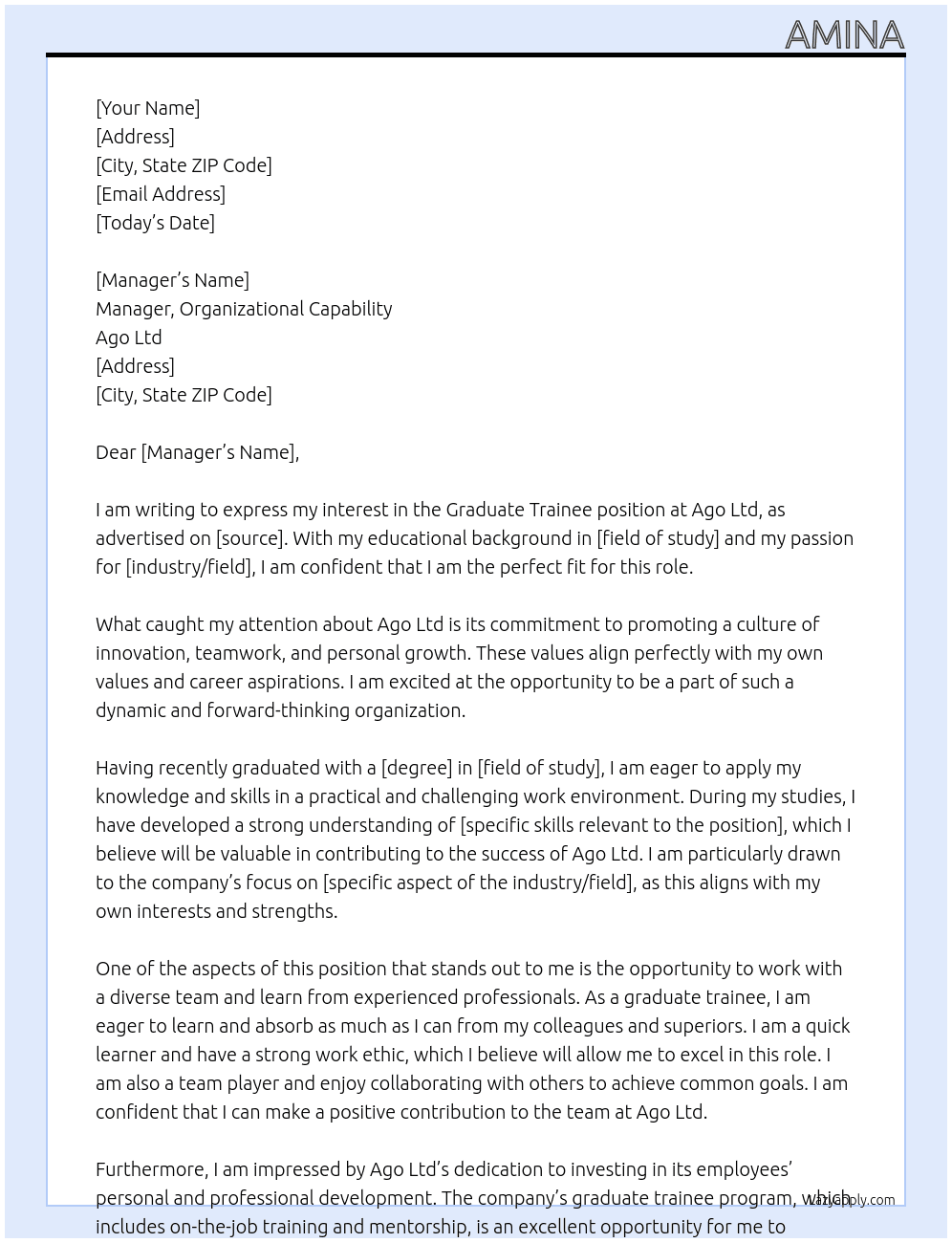 Graduate trainee  At Ago ltd Cover Letter