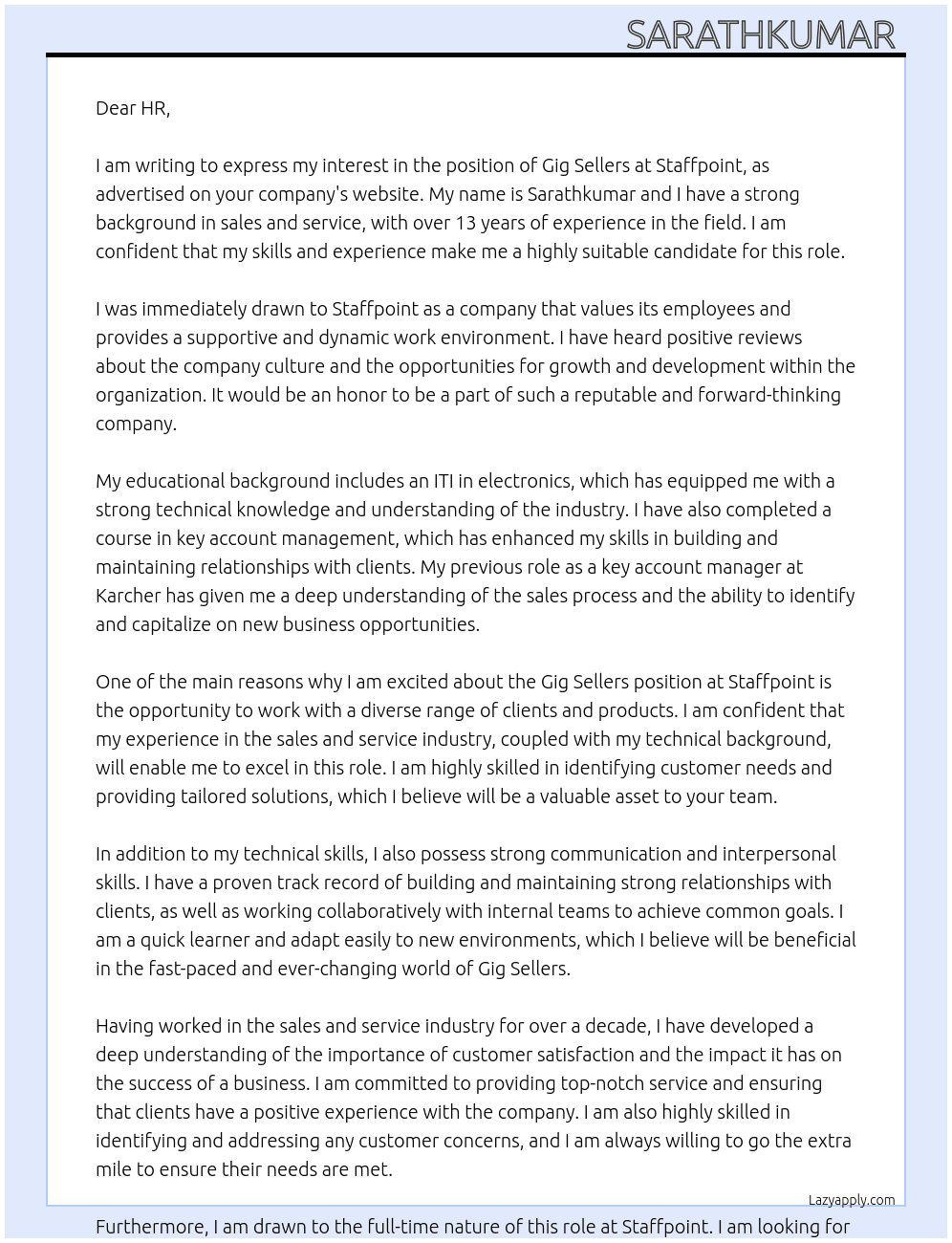 Gig sellers At Staffpoint  Cover Letter