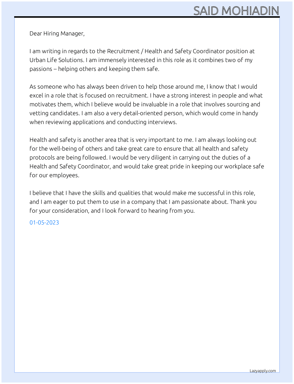 Recruitment / Health and Safety Coordinator At Urban Life Solutions  Cover Letter