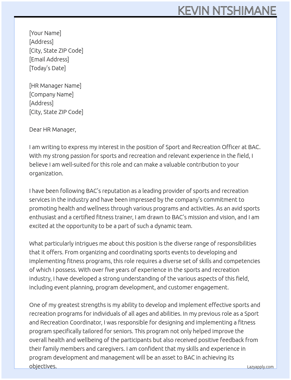 SPORT AND RECREATION OFFICER At BAC Cover Letter