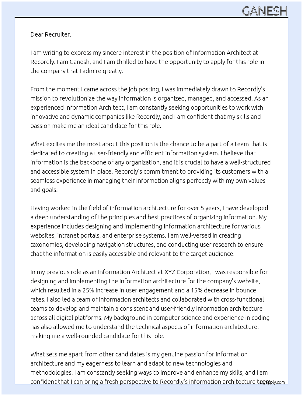 Information Architect At Recordly Cover Letter