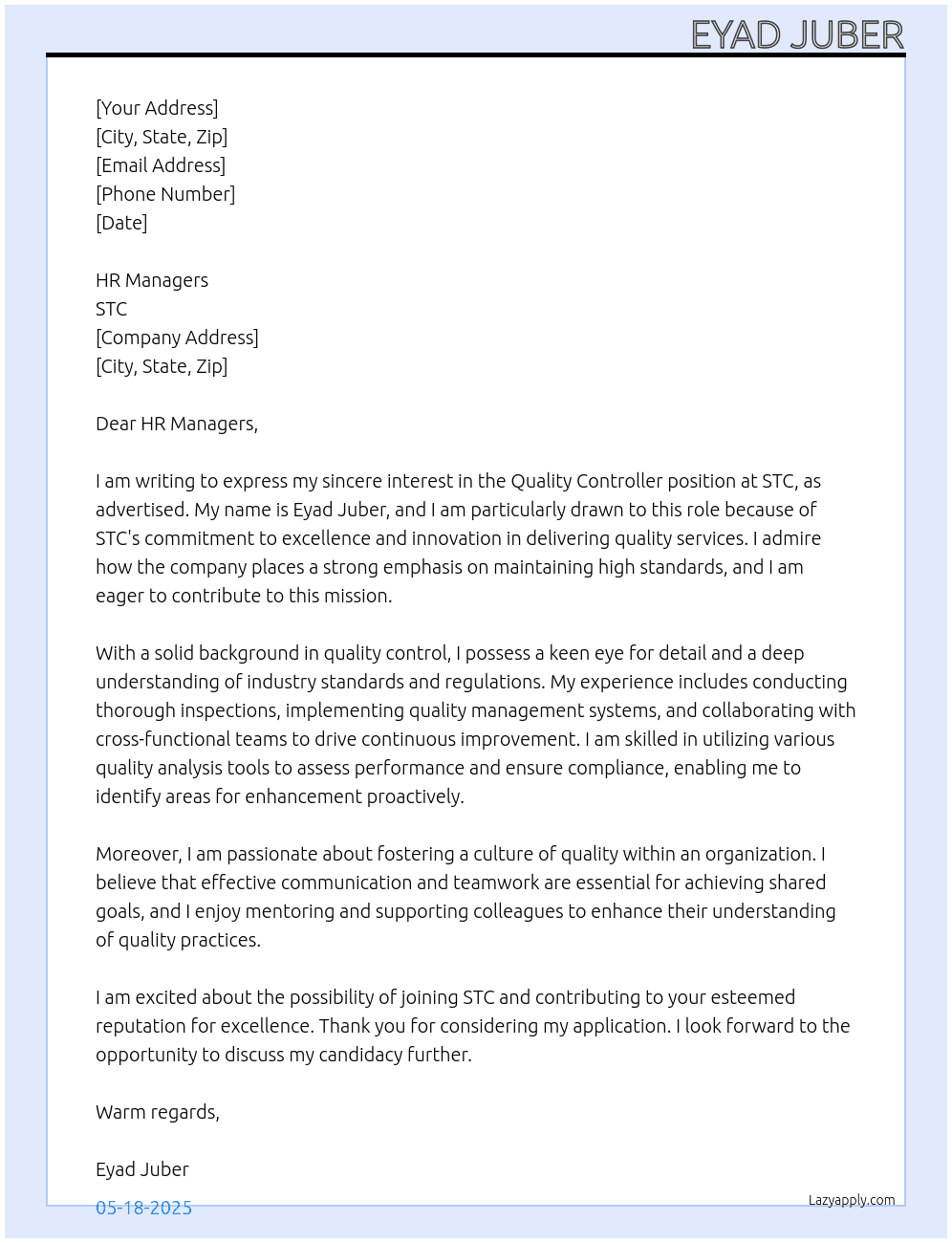 Quality Controller At STC Cover Letter