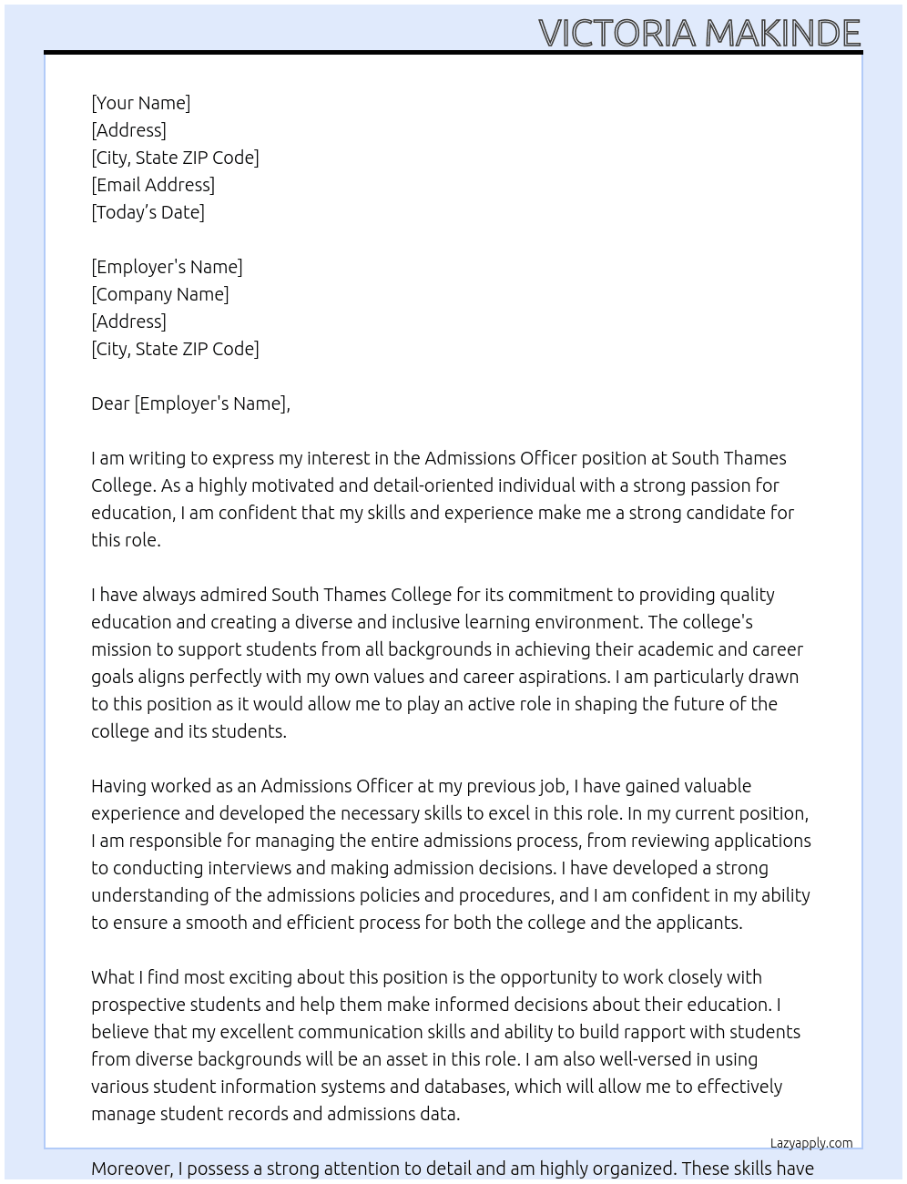 Admissions Officer At South Thames College Cover Letter