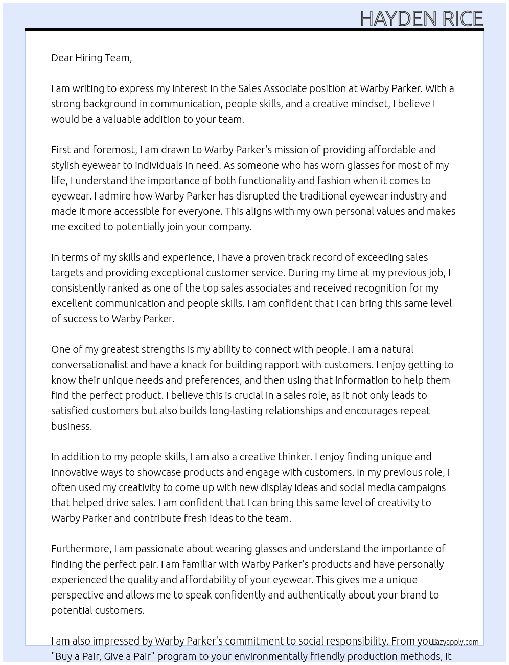 Sales associate At Warby Parker Cover Letter