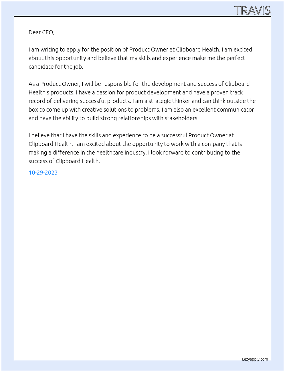 Product Owner At Clipboard Health Cover Letter