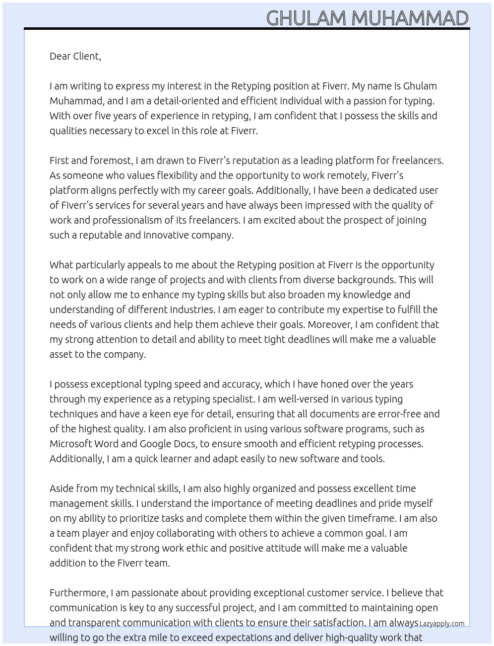 retyping At fiverr Cover Letter