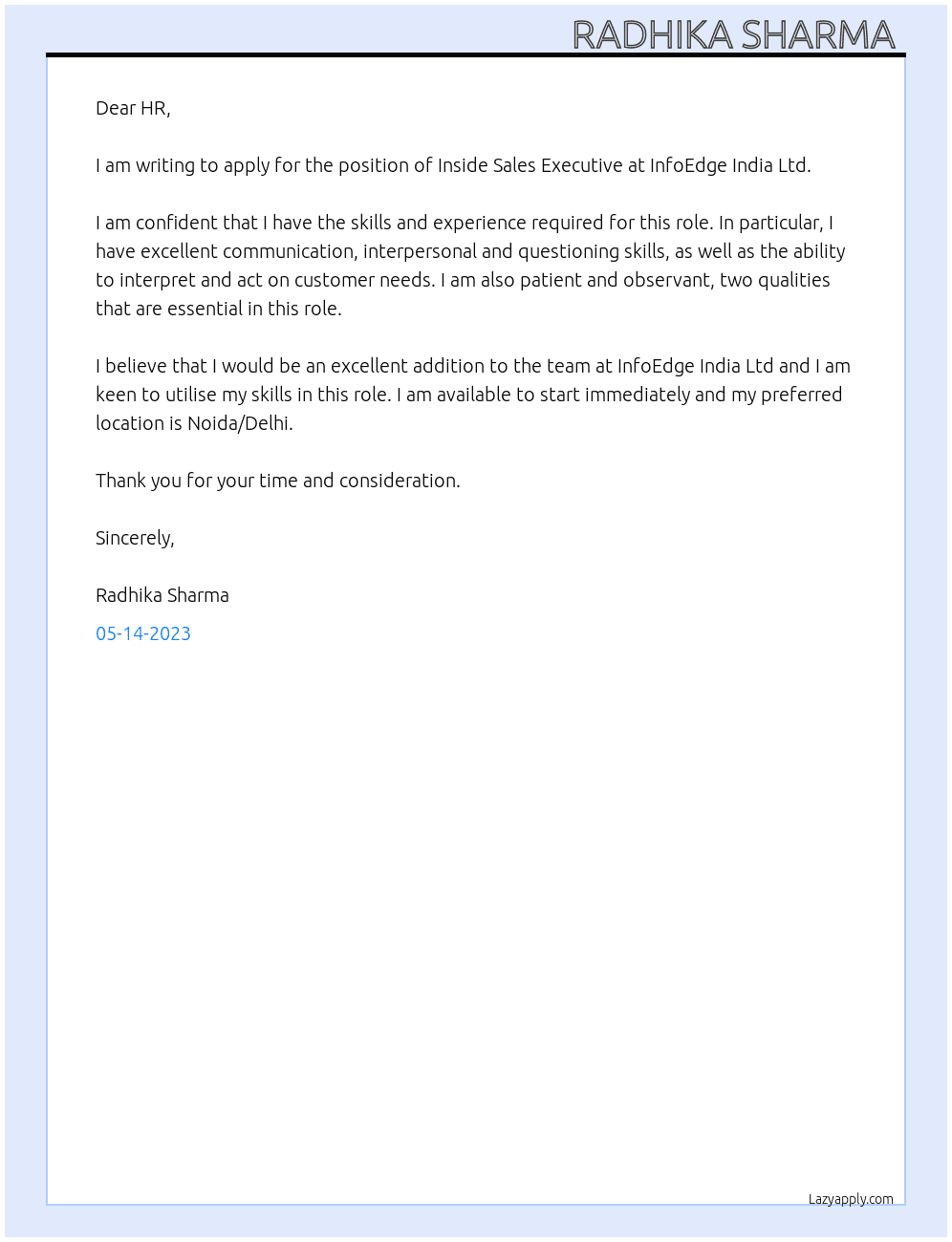 Inside Sales Executive  At InfoEdge India Ltd. Cover Letter