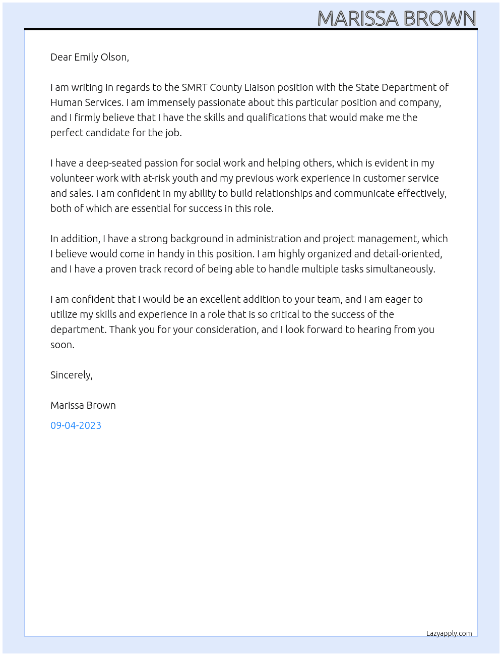 SMRT County Liaison  At State Department of Human Services  Cover Letter