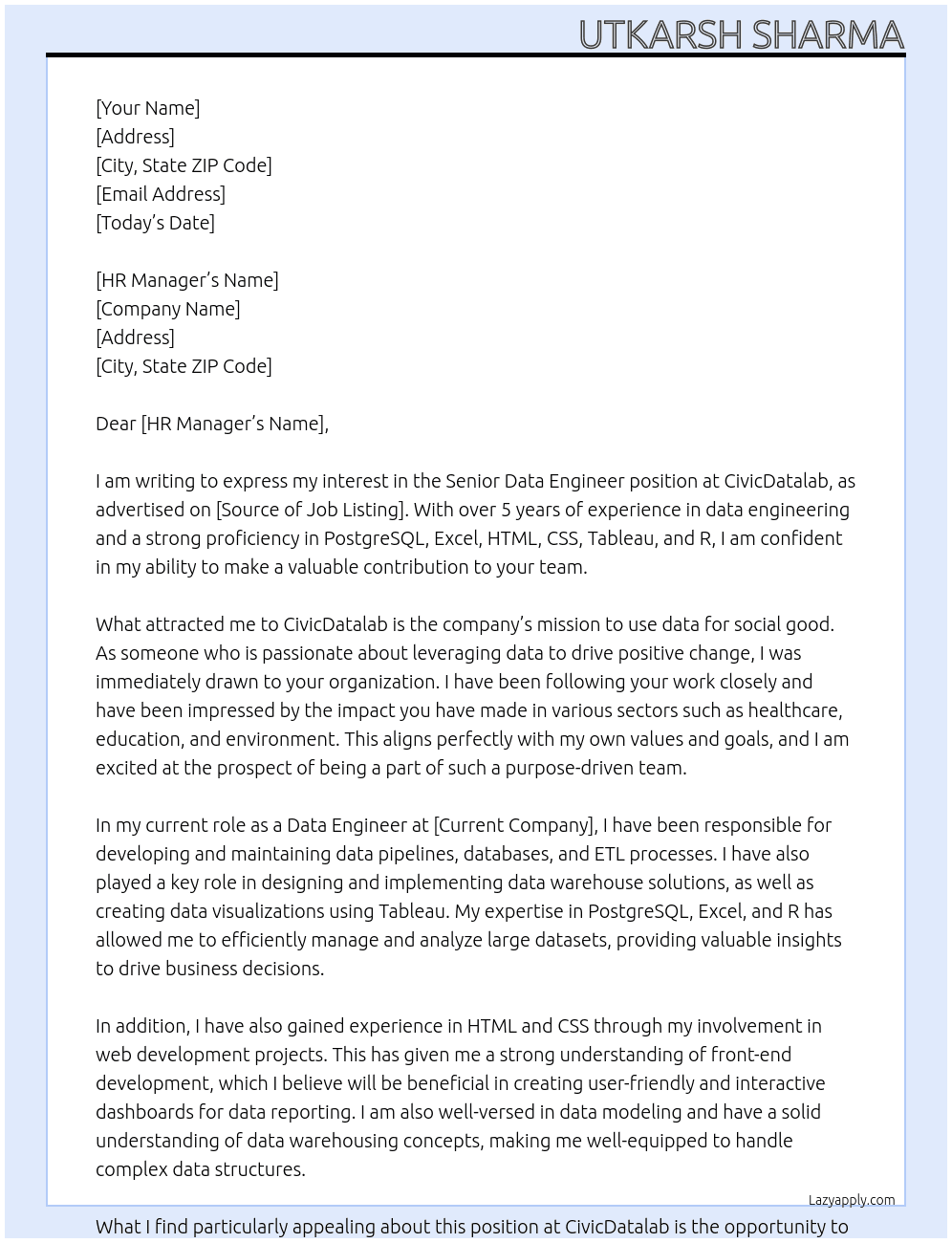 Senior Data Engineer At CivicDatalab Cover Letter