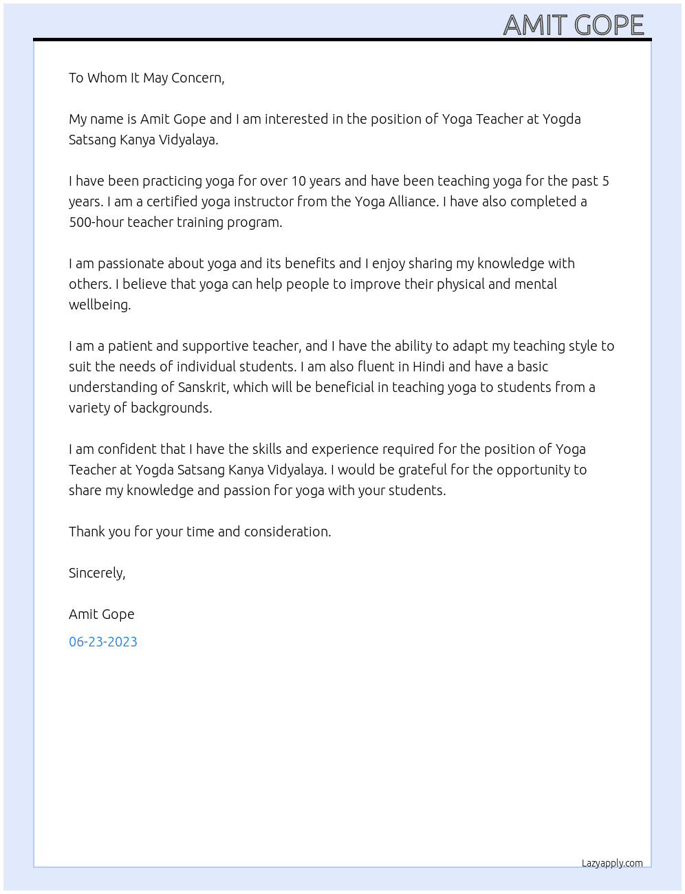Yoga Teacher  At Yogda Satsang Kanya Vidyalaya  Cover Letter
